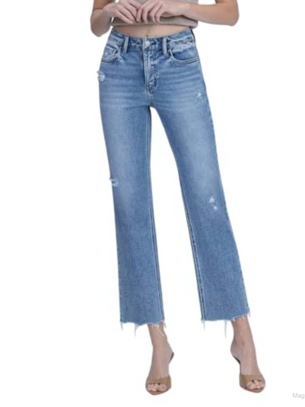 High Rise Ankle Straight Leg Stretch Denim Jeans Raw Hem
